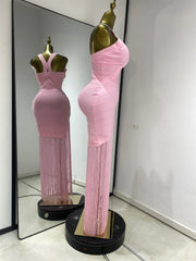 baby pink fringed sleeveless V-neck bandage bodycon dress for party and brunch styling
