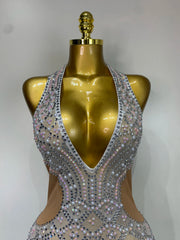 Charm sparkly rhinestone halter mesh v neck backless dress