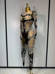 Latrice long sleeve mesh see-through jumpsuit for women nightclub birthday party stage dance costume