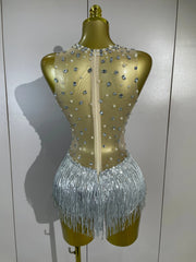 Alessia sparkly rhinestone flower bodysuit featuring decorative tassel accents
