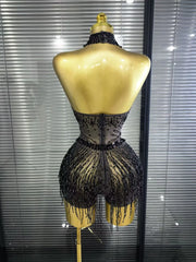 Denise sexy mesh see-through sequin tassel bodycon bodysuit for nightclub and birthday party styling