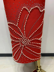 Off shoulder red maxi bandage dress with beaded detailing