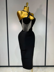 Thalia sexy diamond tassel crystal black bandage midi dress for birthday and cocktail party styling