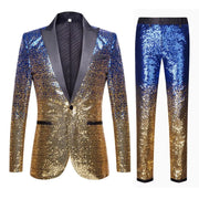 Men’s glitter ombre sequin blazer and pants set displayed for party or stage wear