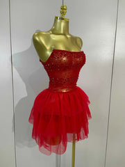 Laura Sparkly Red Rhinestone Strapless Mesh Mini Dress for Women