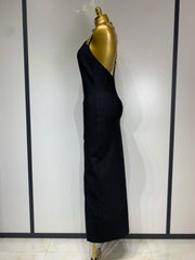 Black backless beaded midi bodycon bandage dress for women, elegant 2025 evening wear, luxury birthday and nightclub party outfit.