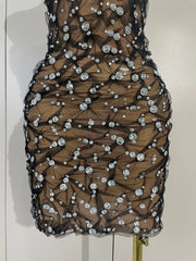 Reiley rhinestone strapless mesh see through mini dress for women. Sexy sparkly outfit for birthdays, nightlife, and parties.
