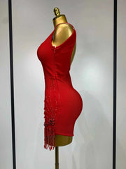 Xhen Sleeveless Beaded Tassel Bodycon Bandage Dress