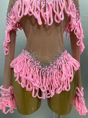 Hannah rhinestone mesh tassel bodysuit for women – sexy see-through birthday and club outfit.