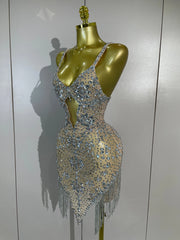 Lisette sparkly diamond tassel mesh mini dress featuring a sheer transparent design and bodycon silhouette