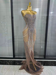 Envious Designs Mandie sexy strapless shining rhinestone mesh see-through floor-length mermaid dress for evening gala styling