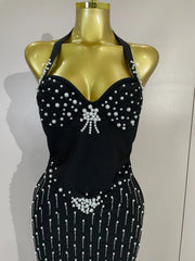 Joyce rhinestone pearl halter bandage maxi dress with backless bodycon silhouette