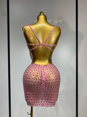 Miranda colorful crystal mesh bodycon mini dress. V-neck party dress for birthdays, vacations, nightlife, and stage performances.