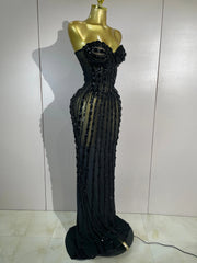 Envious Designs Candice sexy black strapless mesh see-through long dress with luxury sparkly diamonds for evening gala styling
