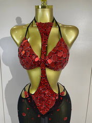 Rebecca red rhinestone mirror bikini maxi dress featuring sparkling embellishments and a bold statement design