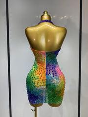 Genevieve colorful diamond halter backless mini dress with sparkling embellishments for birthdays and parties