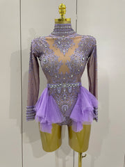 Women’s sparkly purple 
diamond print long sleeve bodysuit for nightclub party, festival, DJ, singer, dancer stage performance wear