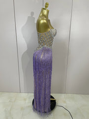 Cleo sheer mesh long dress with rhinestones, glitter, and tassel details for women’s evening, club, or stage wear.