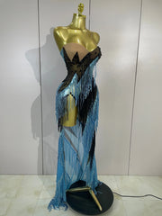 Railey sparkly diamond tassel side slit strapless mesh see-through long dress for nightclub and stage performance styling