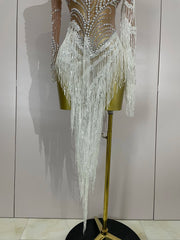 Miley sparkly rhinestone pearl sequin tassel sexy transparent dress for women party