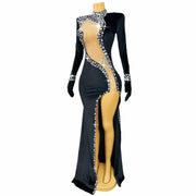 Monet elegant rhinestone high-split prom dress shimmering gown.