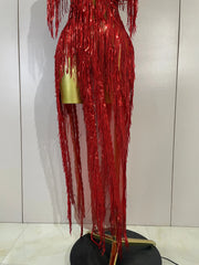 Haelena sexy mesh see-through long dress with sparkly red diamond tassel detailing for evening party styling