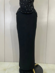Hazel black strapless two-piece dress set with pearl beaded top and long bodycon bandage skirt