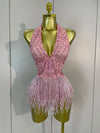 Tiana sparkly pink rhinestone pearl V-neck short mini dress – elegant party dress for women.