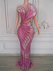 Ness strapless hot stamping elastic bodycon dress – shiny wrapped chest party outfit for women.