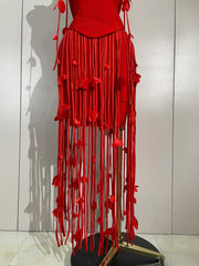 Red strapless long bandage dress with tassel details for women’s party, birthday, and evening wear.