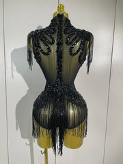 Sparkly rhinestone sequin tassel mesh stretch bodysuit for women’s party, birthday, and stage wear.