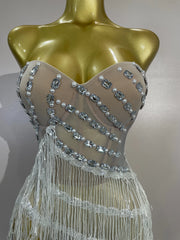 Jini sexy side split diamond pearl tassel mesh see-through long dress for evening gala styling