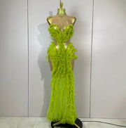 Lena sparkly green rhinestone sheer mesh maxi dress with ruffle details for evening parties and stage events.