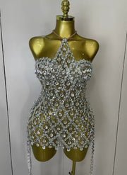 Kyra sparkly sequin diamond mesh two-piece dress set with transparent top for women’s evening, birthday, or party wear.