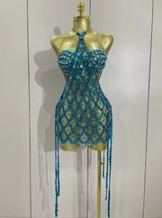 Kyra sparkly sequin diamond mesh two-piece dress set with transparent top for women’s evening, birthday, or party wear.