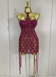 Kyra sparkly sequin diamond mesh two-piece dress set with transparent top for women’s evening, birthday, or party wear.