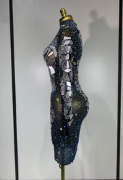 Tamara long sleeve sparkly rhinestone mesh bodycon mini dress with mirror details for evening parties, birthdays, or club events.
