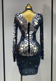 Tamara long sleeve sparkly rhinestone mesh bodycon mini dress with mirror details for evening parties, birthdays, or club events.