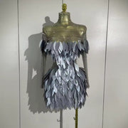Luxury transparent mesh mini dress with sparkly diamond embellishments and 3D acrylic leaf design for women.