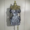 Luxury transparent mesh mini dress with sparkly diamond embellishments and 3D acrylic leaf design for women.