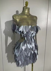 Luxury transparent mesh mini dress with sparkly diamond embellishments and 3D acrylic leaf design for women.