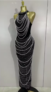 Kylie Elegant Luxury Beaded Diamond Sleeveless Sexy Mesh Bodycon Long Dress