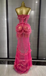 Envious Designs Sabrina sexy strapless shining rhinestone mesh ruffle maxi long dress for evening party styling