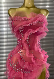 Envious Designs Sabrina sexy strapless shining rhinestone mesh ruffle maxi long dress for evening party styling