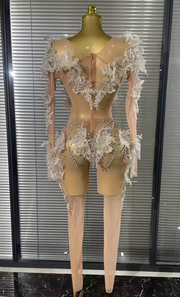 Olivia 3D Flower Mesh See-Through Sheer Bodycon Jumpsuit
