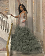 Silver Sheer O Neck Beaded Crystal Ruffles  Prom Dress