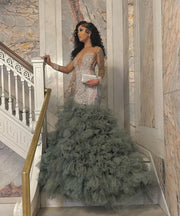Silver Sheer O Neck Beaded Crystal Ruffles  Prom Dress