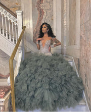 Silver Sheer O Neck Beaded Crystal Ruffles  Prom Dress