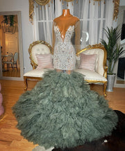 Silver Sheer O Neck Beaded Crystal Ruffles  Prom Dress