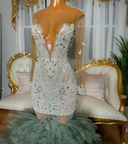 Silver Sheer O Neck Beaded Crystal Ruffles  Prom Dress